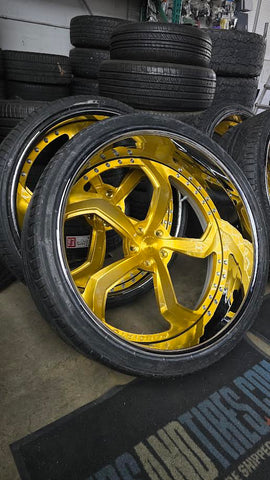 26 Inch Forgiato Smussato Wheels Gold Rims 26x9 & 26x10 255/30ZR26 & 275/30ZR26 Lexani Tires Chevy Impala