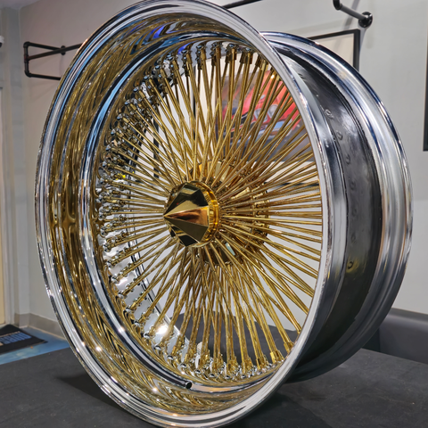 22 Inch 150 Spoke Gold Center Chrome Lip Wire Wheels Rims Tire Package 22x8 245/30ZR22 Land Golden Tires 1971 Chevelle