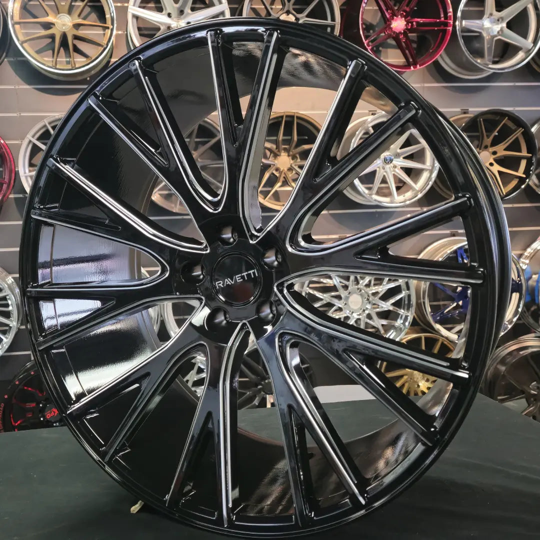 22 Inch 22x10 Ravetti Rims M12 Black Milled Wheels Tires: 265/40ZR22 ...