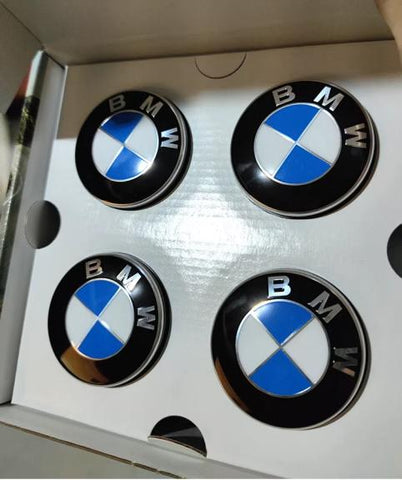 4 BMW Floating Center Caps White & Blue 65mm