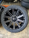 22" Inch Fuel Contra Black Milled Wheels Rim & Tire Package 33x12.50 Delinte DX10 Rugged Terrain Tires